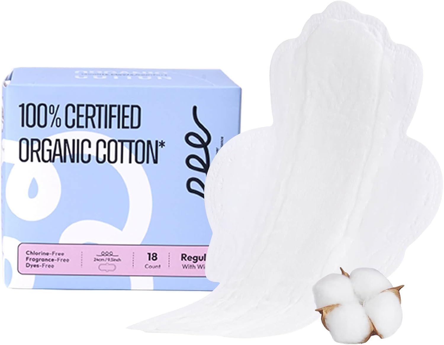 100% Organic Pads for Women, Organic Cotton Cover Pad – Regular Absorbency, Unscented, Ultra Thin Pads with Wings for Women (Regular, Size 3, 18 Count)