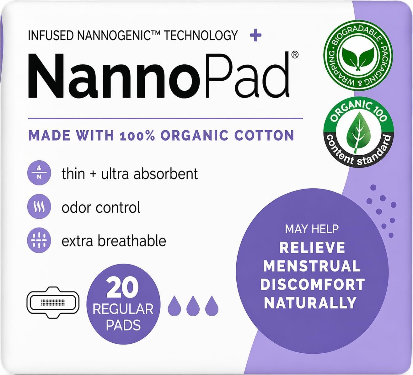 Organic Pads for Women – 100% Organic Cotton Pads Period with Wings – High Absorbency 130mL, Comfortable & Ultra-Thin – No Fragrances, Odor-Control, Breathable – Regular (1 Pack, 20 Count)
