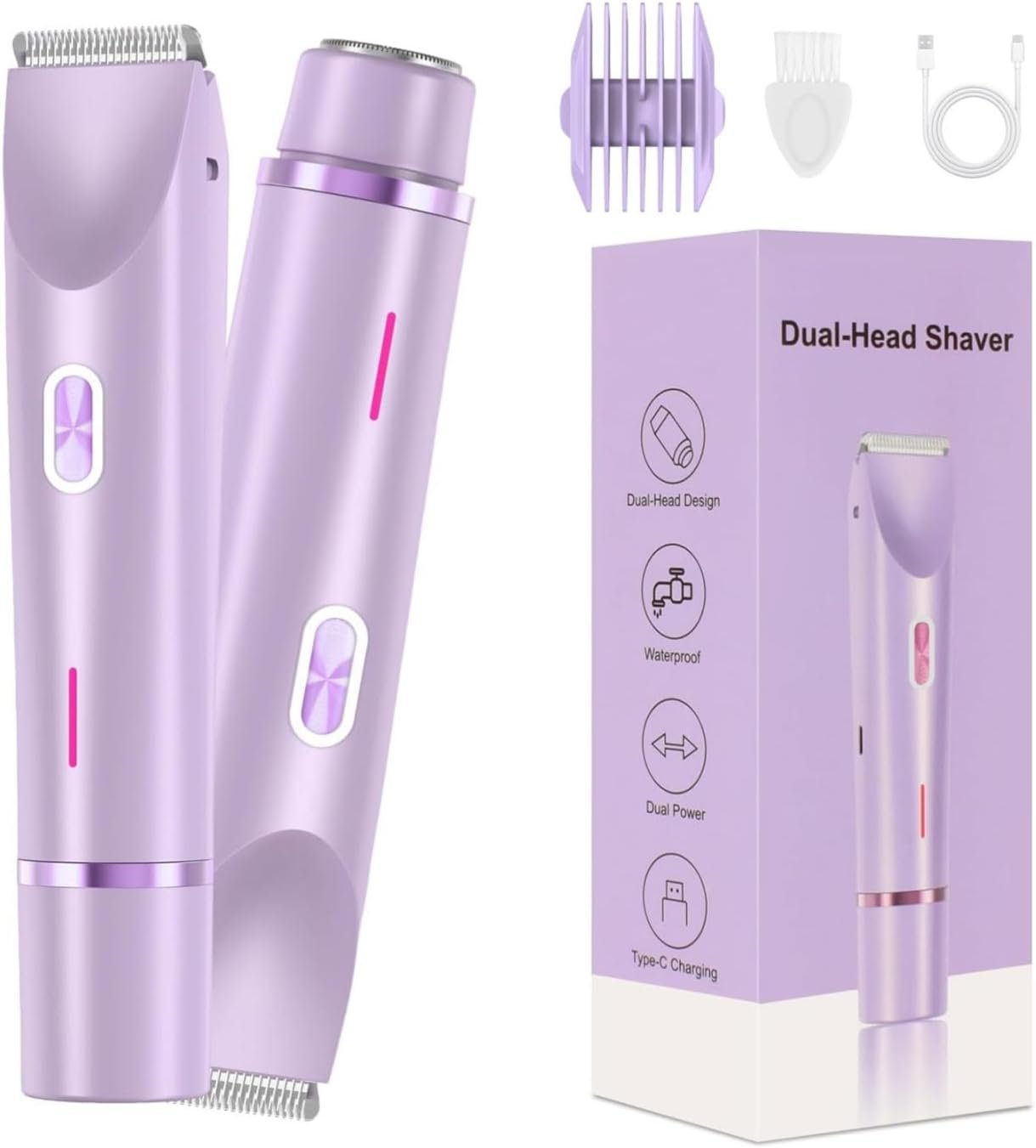 Bikini Trimmer for Women,2 in 1 Dual Head Bikini Shaver & Body Shaver,Cordless & Waterproof Electric Bikini Trimmer for Women, Painless Hair Removal with Silky Glow Finish,Purple9