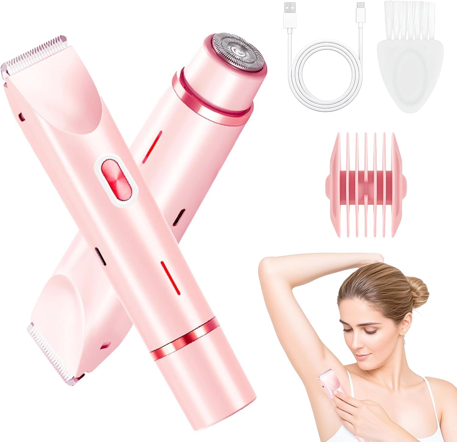 Bikini Trimmer for Women, 2 in 1 Electric Razors for Women, Dermave Bikini Shaver, IPX7 Waterproof & Easy Cleaning, Ceramic Blade, 120 Min Cordless Runtime, Ultra Low Silent(Pink).