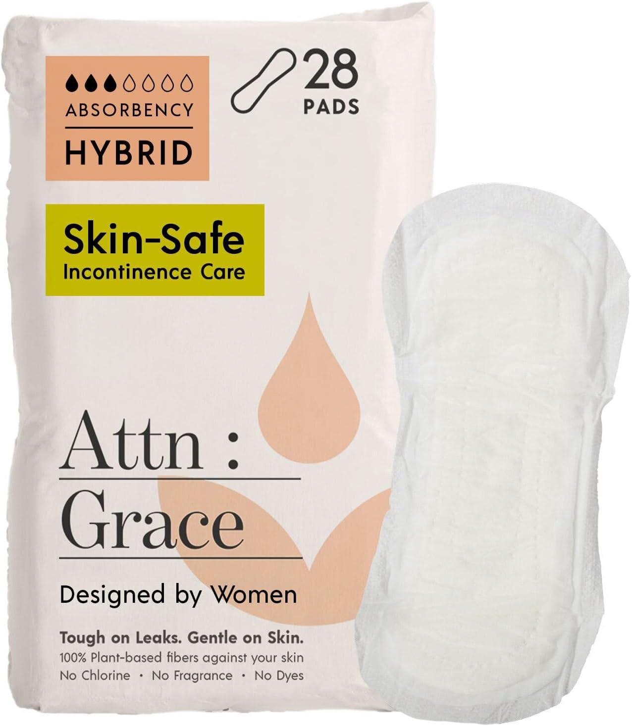 Attn: Grace Hybrid Incontinence Pads for Women, 28-Pack – Plant-Based, High Absorbency, Breathable – Incontinence Pads for Light Bladder Leaks & Sensitive Skin