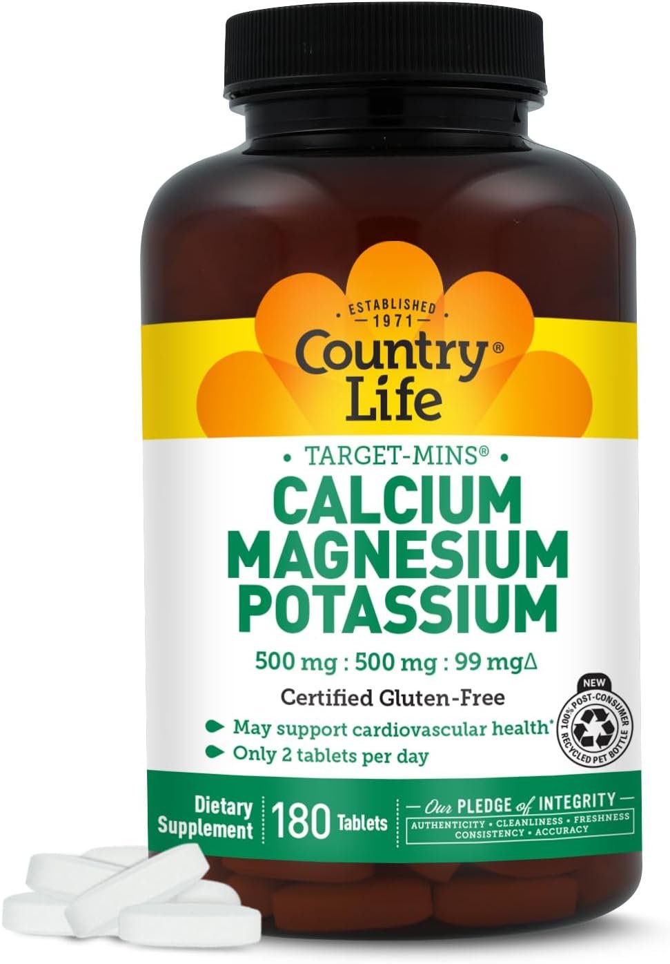 Country Life Target Mins – Calcium Magnesium Potassium Bone & Heart Health Supplement, 1000mg Calcium, 500mg Magnesium, Supports Calcium Utilization, 180 Tablets – Certified Gluten Free & Vegan