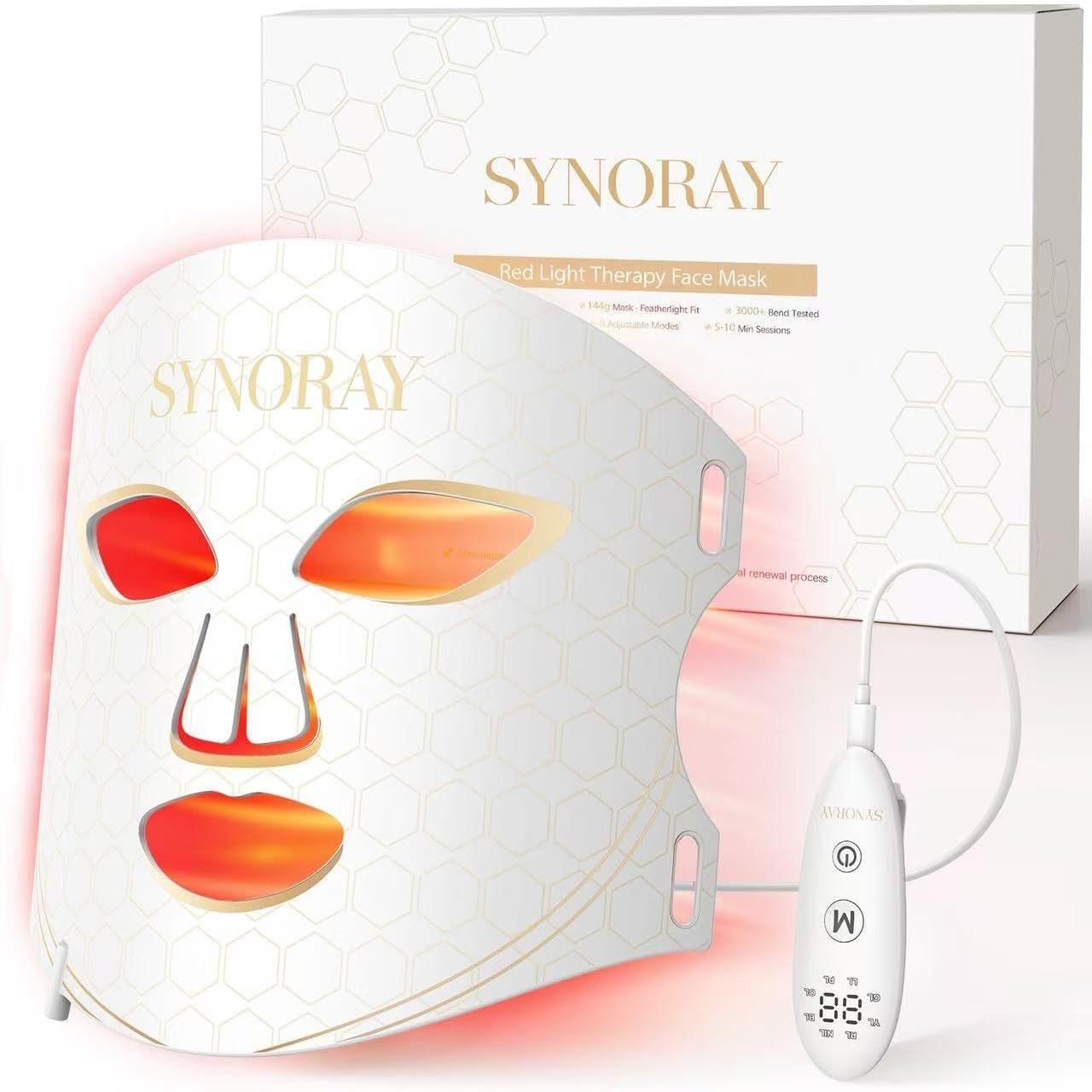 Synoray【2026 Newest 4-Core】Red Light Therapy Mask for Face【Food-Grade Silicone 】630nm 850nm NIR 8 Modes LED Light Therapy Face Mask, Red Light Mask for Anti-Aging Firming Brightening at Home