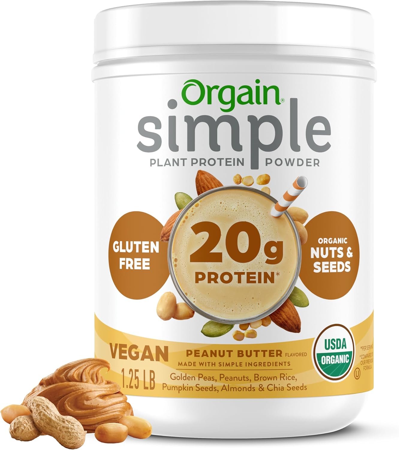 Orgain Organic Simple Vegan Protein Powder, Peanut Butter – 20g Plant Based Protein, With less Ingredients, No Artificial Sweeteners, Gluten Free, No Dairy or Lactose, 1.25 lb (Packaging May Vary)