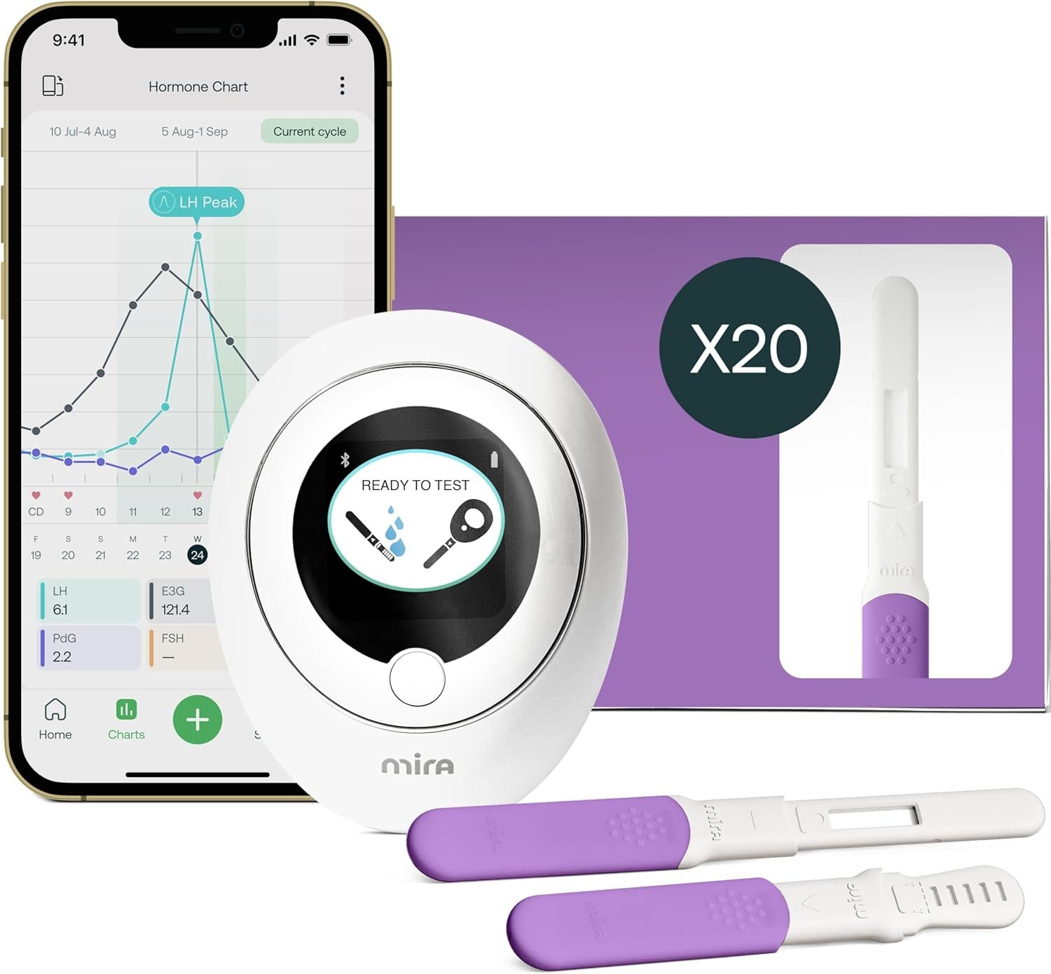 Mira Fertility Monitor and Ovulation Test Kit for Women Digital Hormone Tracker with App, LH E3G PdG, 20 Test Wands, Max