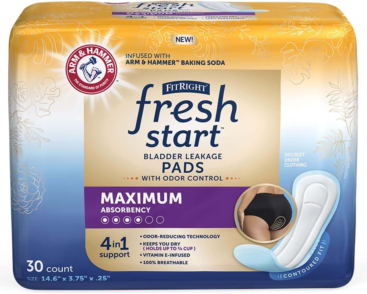 FitRight Fresh Start Postpartum and Incontinence Pads for Women, Maximum Absorbency (30 Count) Bladder Leakage Pads with The Odor-Control Power of ARM & Hammer (30 Count, Pack of 1)