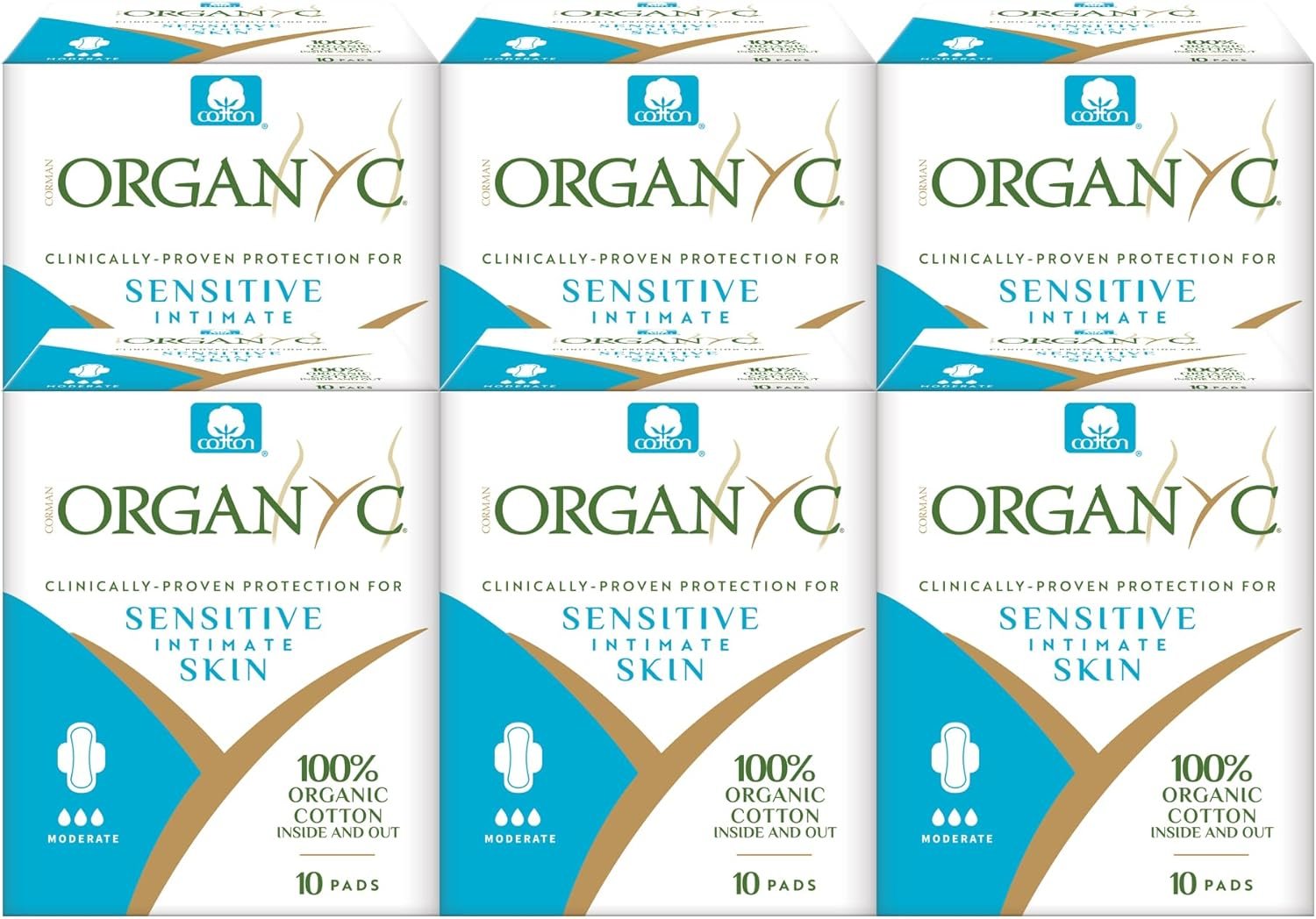 Organyc – 100% Certified Organic Cotton Feminine Pads – Sanitary Napkin with Wings for Women, Moderate Flow, Regular Absorbency, 60 Count (6 Pack of 10 Count)