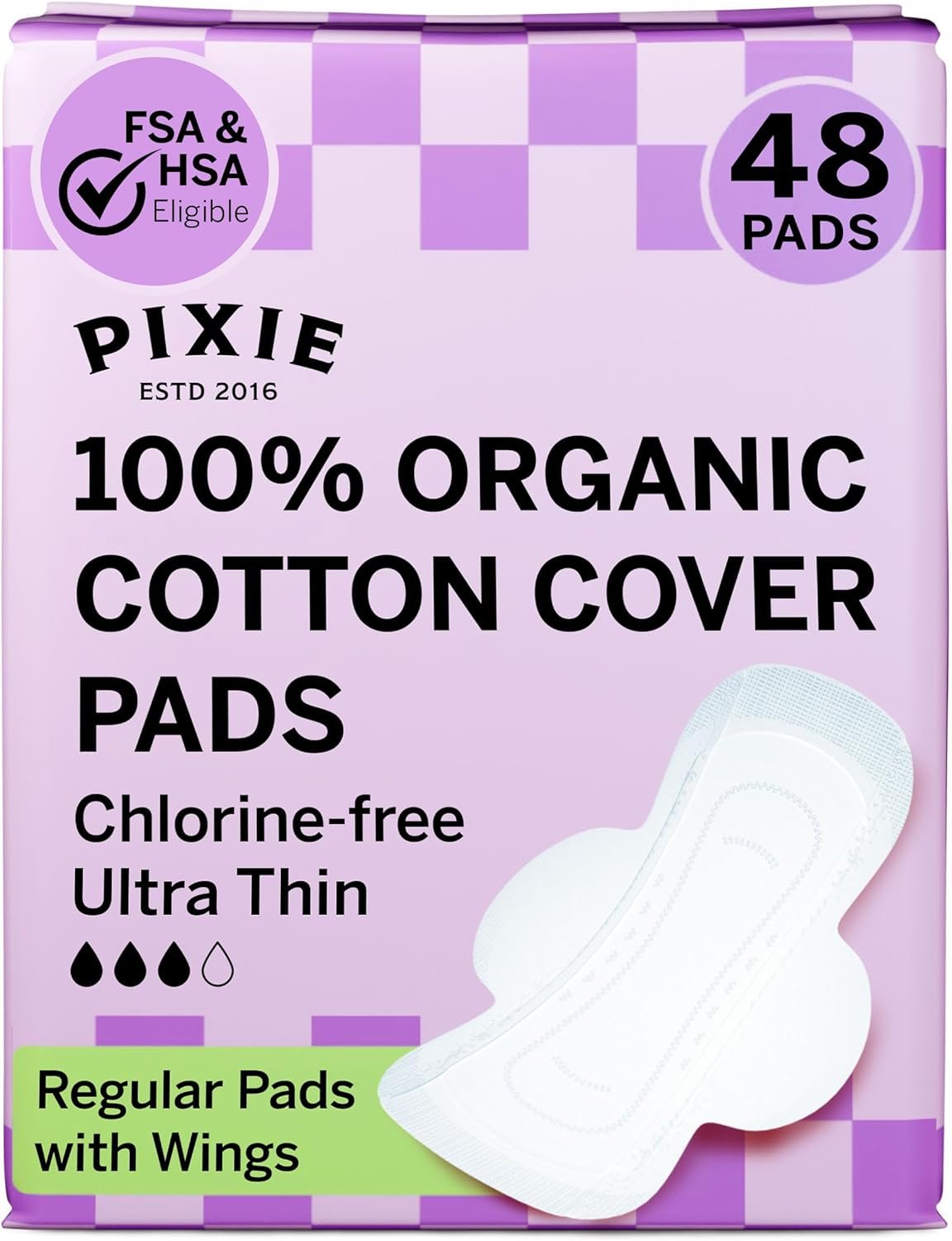 Pixie Organic Cotton Ultra Thin Pads with Wings for Women – Leak-Proof & Moisture-Wicking for Feminine Care – Compostable, Unscented Menstrual Pads – Regular Absorbency – FSA Eligible – 48 Count