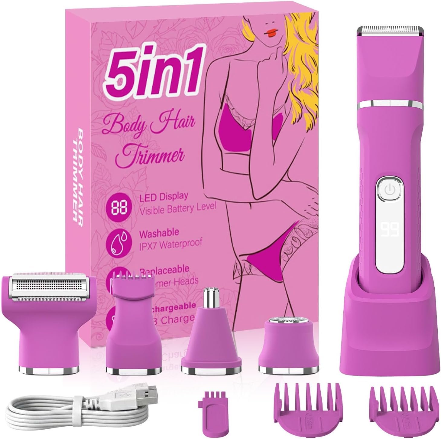 KINGTEE Bikini Trimmer for Women,Electric Shaver for Women, IPX7 Waterproof Razor Shaver,Women’s Electric Razor,Intimate Shaver for Women,with 5 Blades,USB-C Rechargeable,Recharge Dock（Rose Pink）