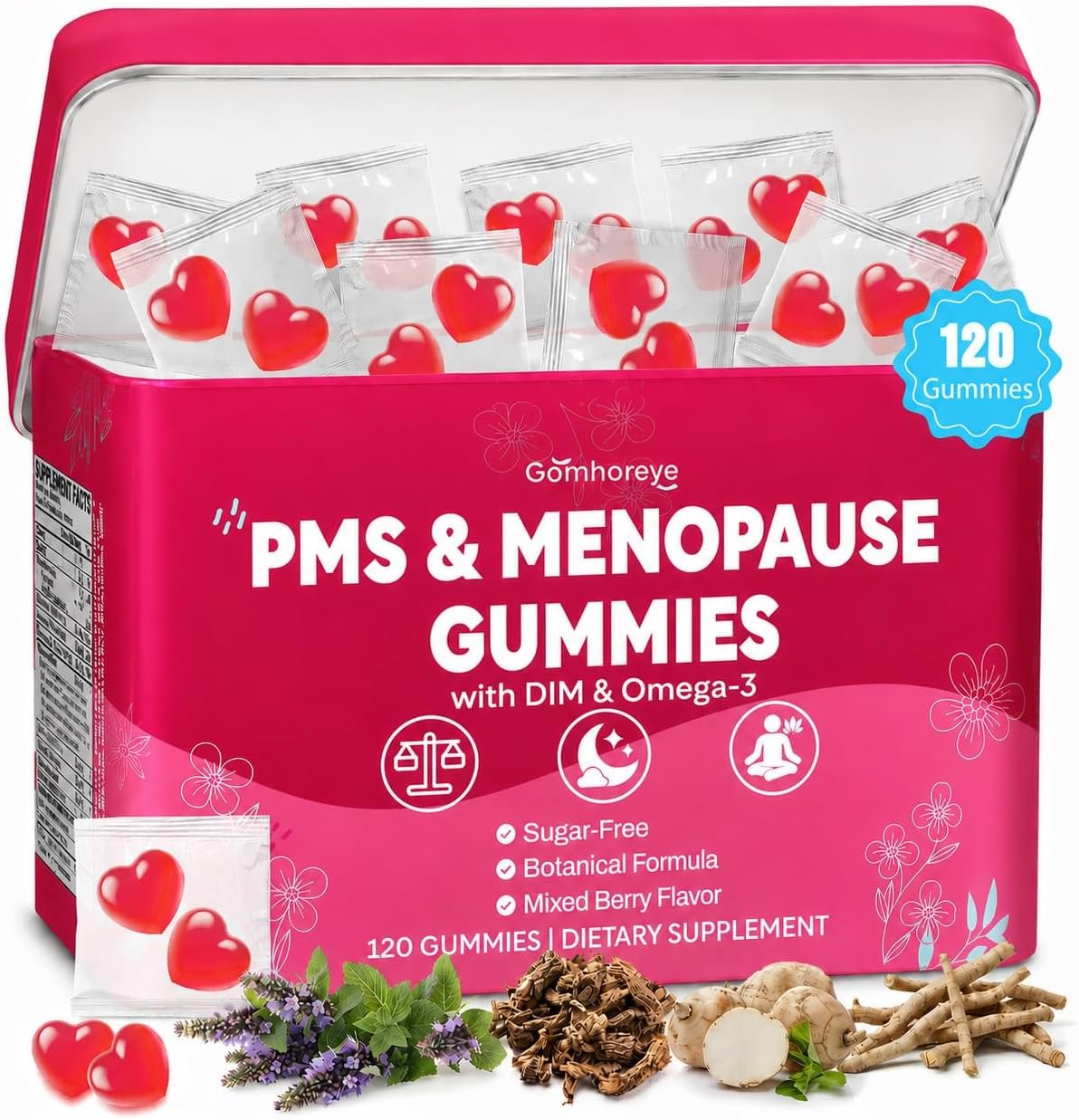 Menopause Supplements for Women, Menopause & PMS Relief Gummies, Hormone Balance Balance Harmony for Women with DIM, B6, Black Cohosh for Hot Flashes, Night Sweats, Mood* Swings, 0 Sugar, 120 Gummies