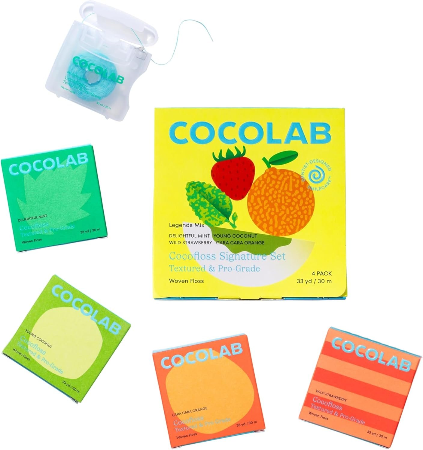 Cocofloss Expanding Woven Dental Floss by Cocolab, Waxed Tooth Floss for Daily Oral Care, Coconut Oil Infused, Vegan, for Adults and Kids, Signature Set, 4 Pack