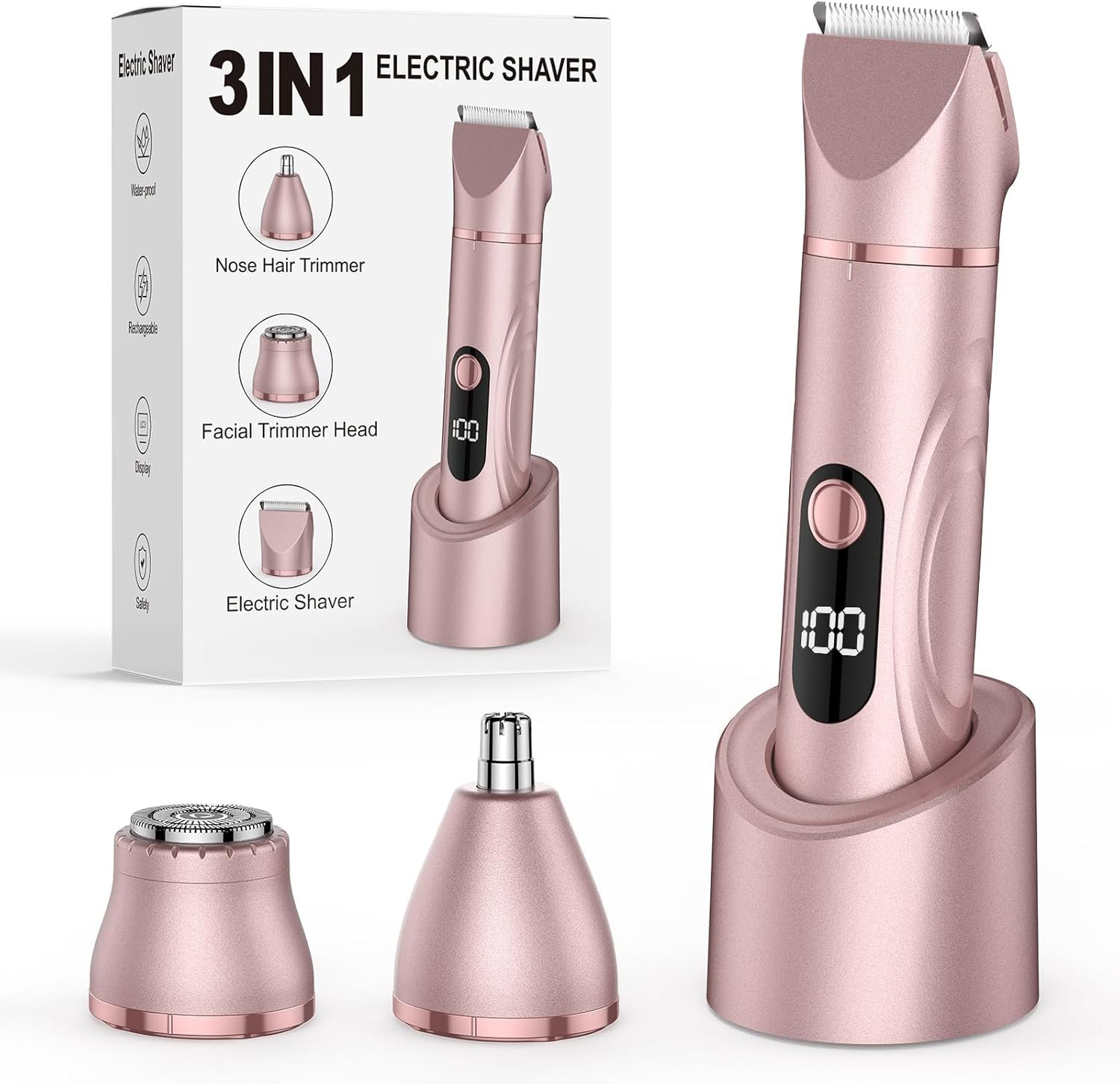 Bikini Trimmer for Women 3 in 1 Electric Shaver Razors Nose Hair Trimmer Waterproof Pubic Hair for Underarm Leg Arm Body (Rose Gold)