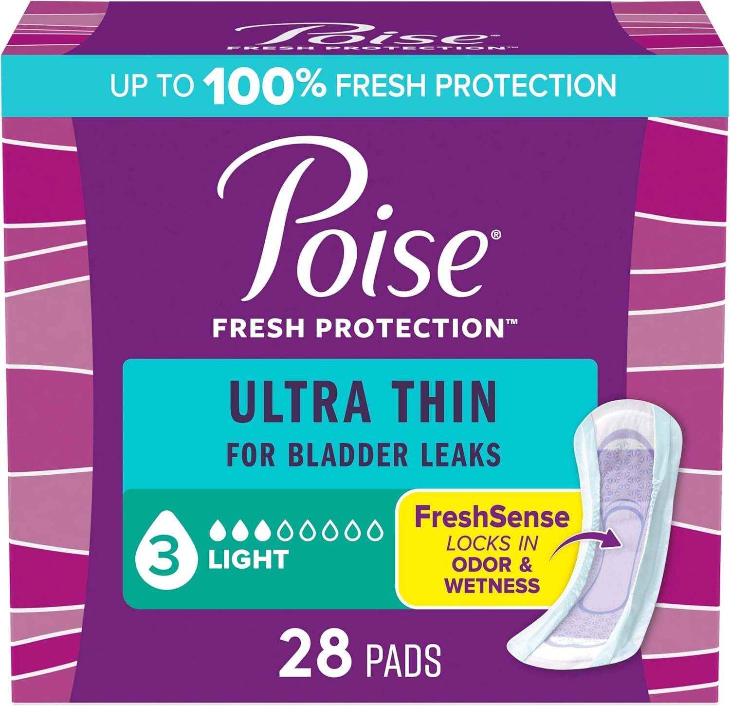 Poise Ultra Thin Incontinence & Postpartum Pads for Bladder Leaks, 3 Drop Light Absorbency, Regular Length, 28 Count (Packaging May Vary)