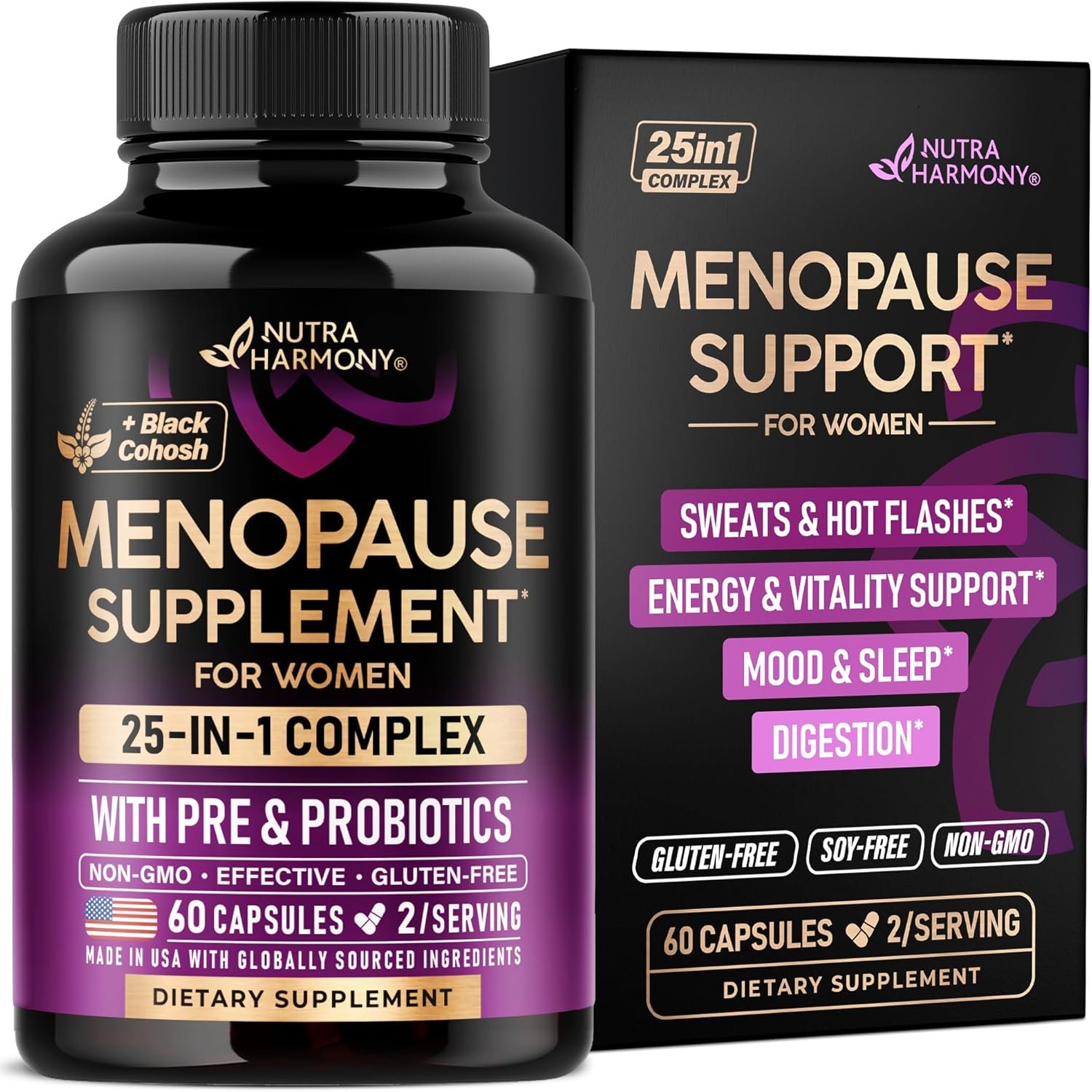 Menopause Supplements for Women – Dong Quai, Black Cohosh, Pre & Probiotics – Sweats & Hot Flashes Relief – Digestion, Sleep & Mood Support – 25-in-1 Perimenopause Complex – Lab Tested – 60 Capsules