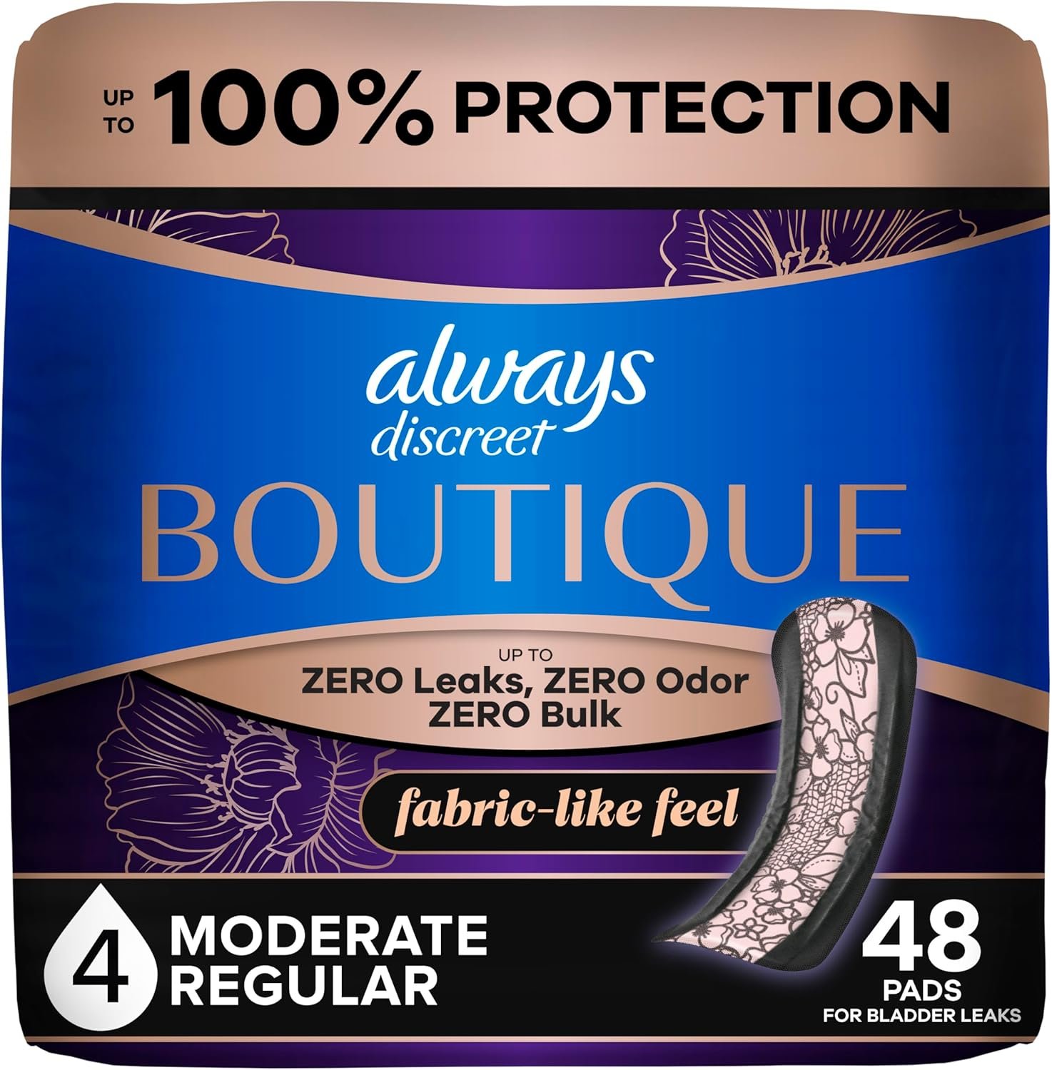 Always Discreet Boutique Adult Incontinence Bladder Leak Pads for Women, Moderate Absorbency, Regular Length, Up to 100% Bladder Leak Protection, 48 Count