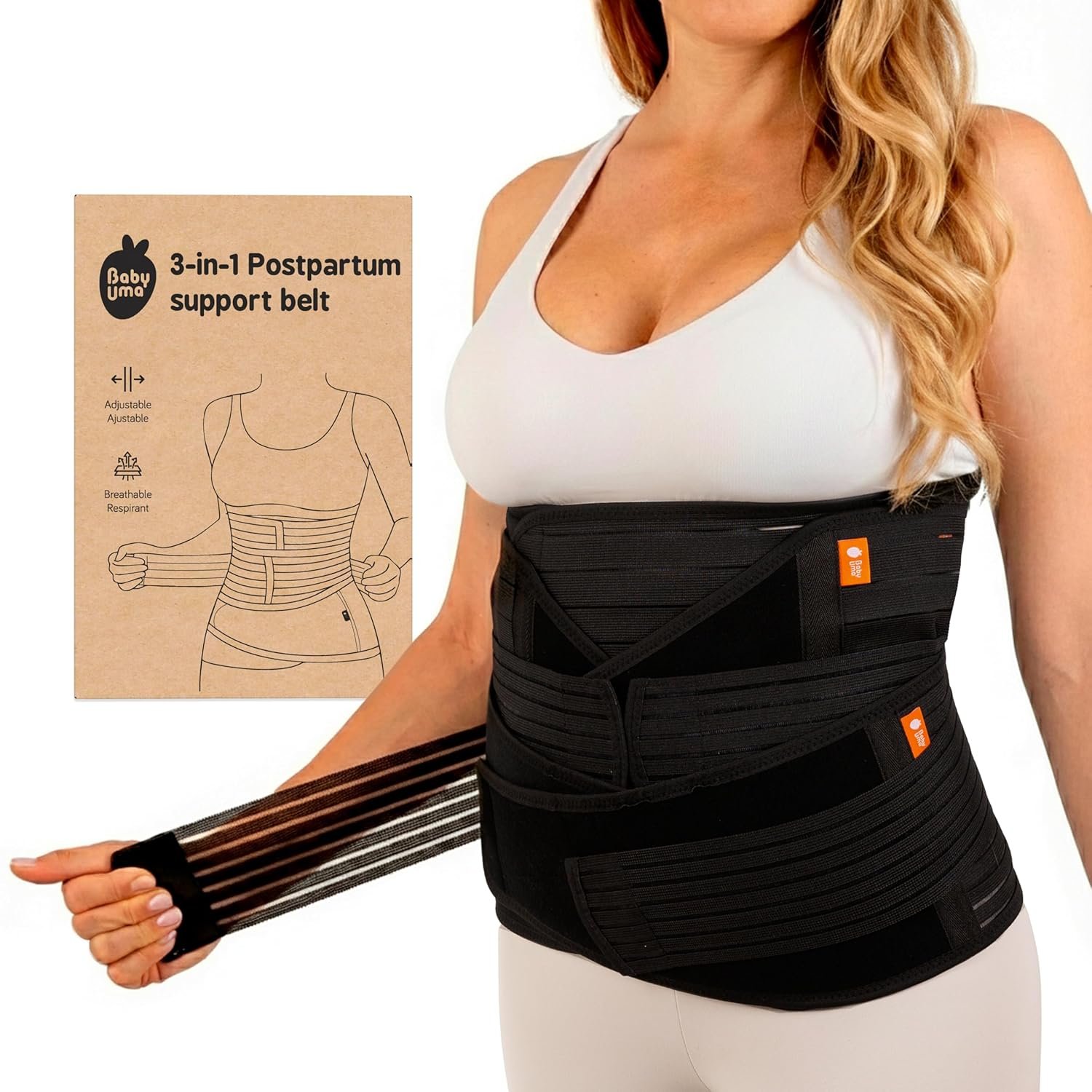 Baby Uma 3-in-1 Postpartum Belly Band – Triple Support Natural & C Section Belly Binder Post Partum, Easy On ‘n Off, Lightweight & Breathable Abdominal Binder, Postpartum Essentials