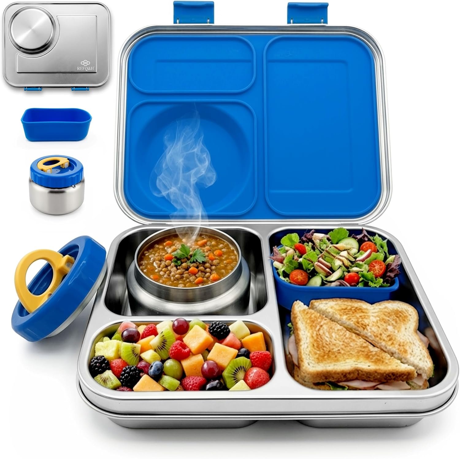 Stainless Steel Bento Lunch Box with 8 oz Insulated Food Jar – 54 oz – Leak-Resistant 3-Compartment Kids & Adult Metal Meal Container with Silicone Container and Thermo for Work & School, BPA-Free