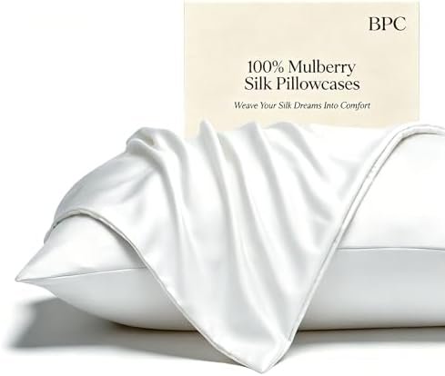 BPC 100% Mulberry Silk Pillowcases 2 Pack, Grade 6A ClimaSilk™ Silk Pillow Cases Queen Size, Both Sides, 600 Thread Count, with Hidden Zipper (20″x30″, White)