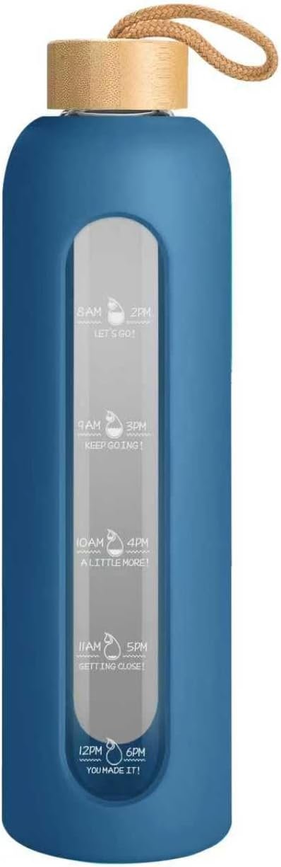 Sursip 32 oz Glass Water Bottle with Time Marker,1 Liter BPA-Free Reusable Motivational Water Bottle with Non-Slip Silicone Sleeve and Bamboo Lid, Leak-Proof, Dishwasher Safe