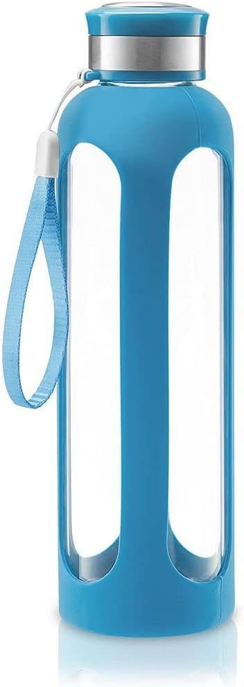 Glass Water Bottle, Leakproof Lid, Silicone Sleeve, 20 oz (Blue)