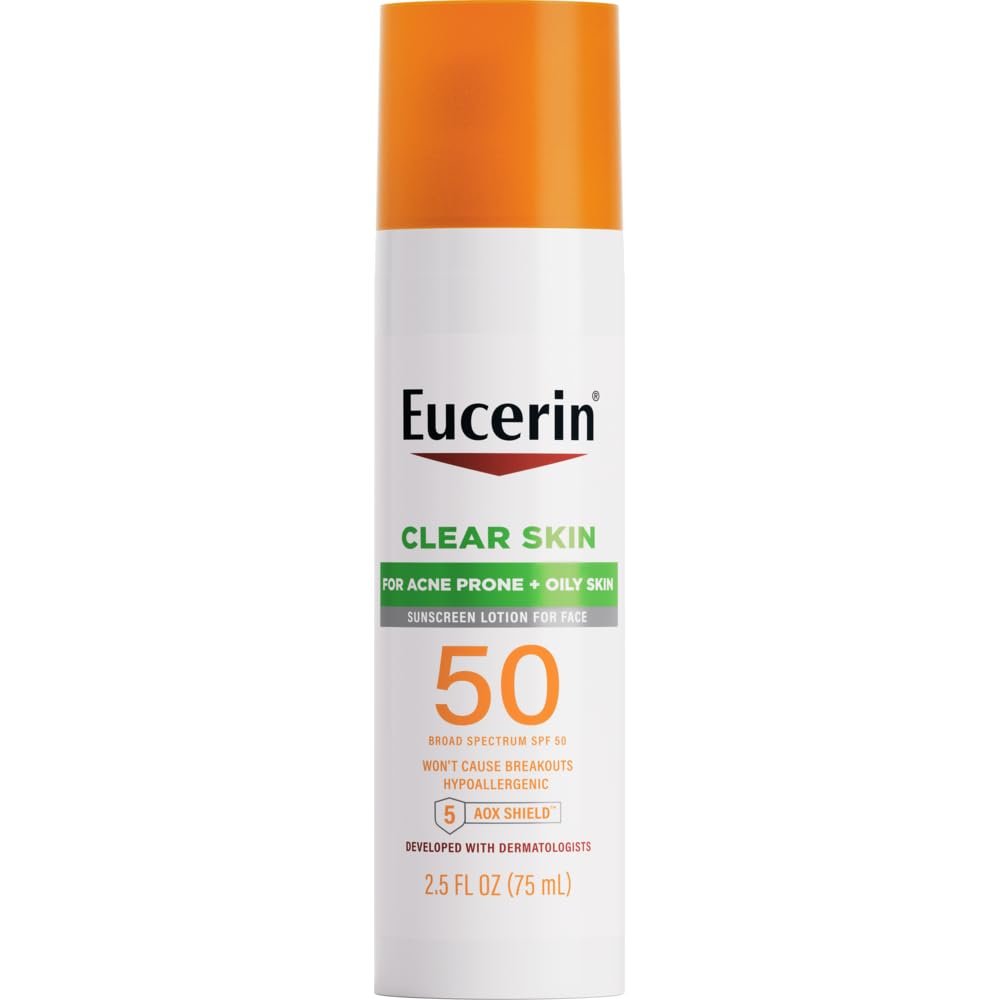 Eucerin Sun Clear Skin Face Sunscreen Lotion SPF 50 for Acne Prone and Oily Skin, Lightweight Sunscreen with Oil-Absorbing Minerals, Won’t Cause Breakouts, Hypoallergenic, 2.5 Fl Oz Bottle
