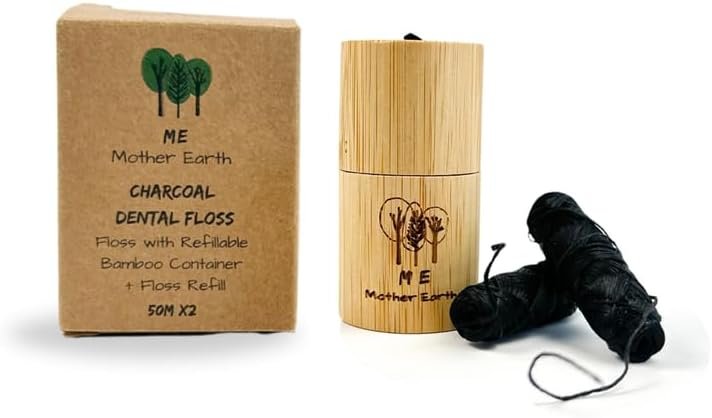 Vegan Biodegradable Bamboo Charcoal Dental Floss with Refillable Bamboo Container | Refill Included | Natural Candelilla Wax | 50M x2 | Peppermint Essential Oil | Eco Friendly | Zero Waste Oral Care