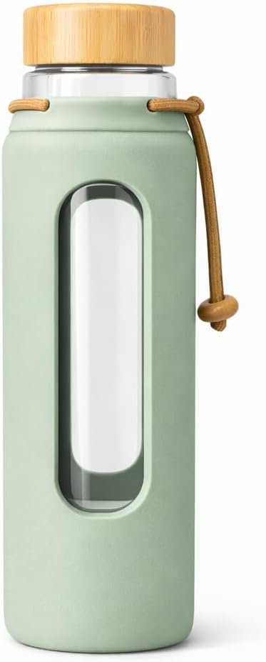 PureTerra Glass Water Bottle – 650 mL / 22 oz | High‑Quality Borosilicate Glass with Silicone Sleeve | Leak‑Proof, Dishwasher Safe, BPA‑Free, Sustainable Travel Bottle (Sage Green)