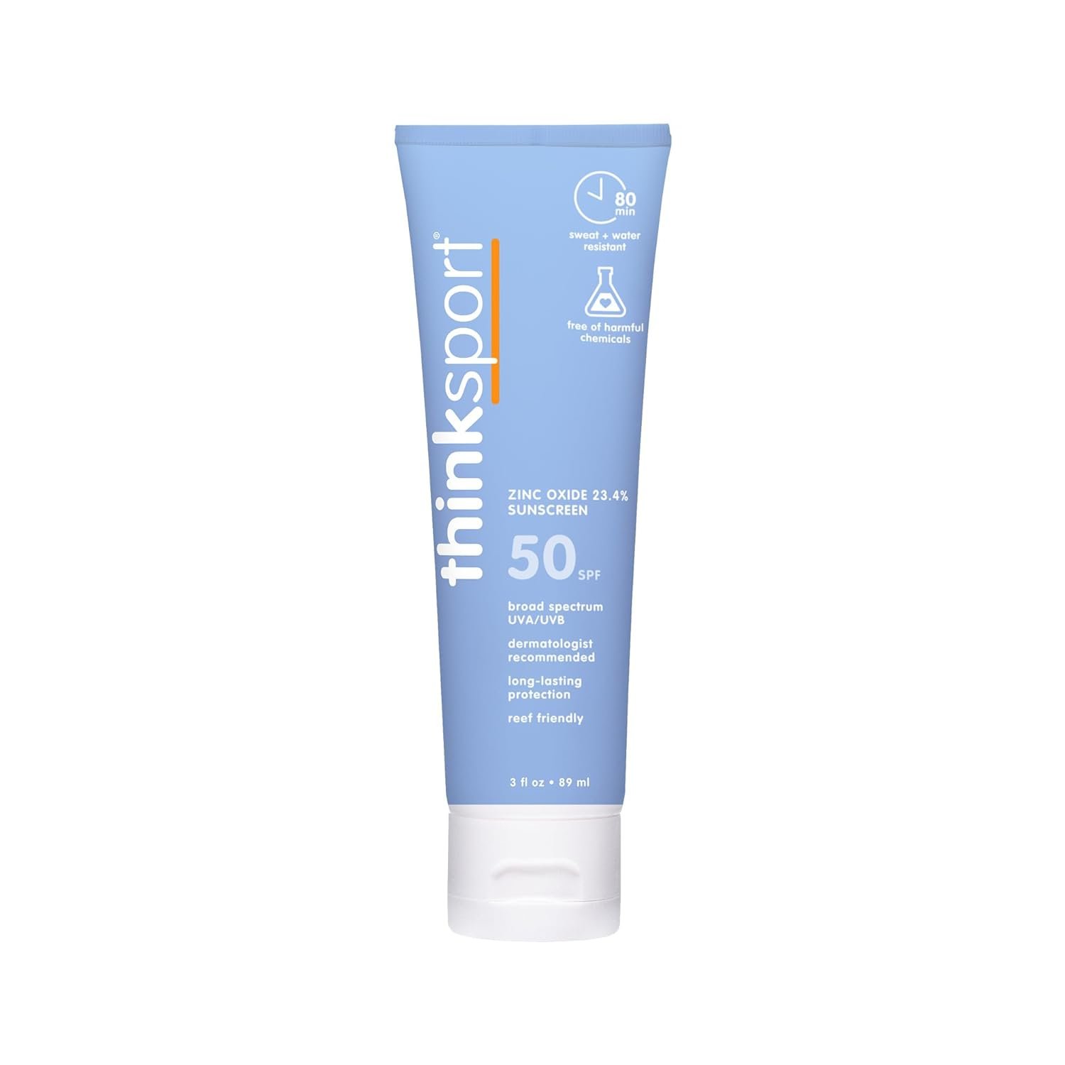 Thinksport SPF 50 Mineral Sunscreen – Safe, Natural Sunscreen for Sports & Active Use – Water Resistant Sun Cream –UVA/UVB Sun Protection – Vegan, Reef Friendly Sun Lotion, 3 Fl Oz (Pack of 1)
