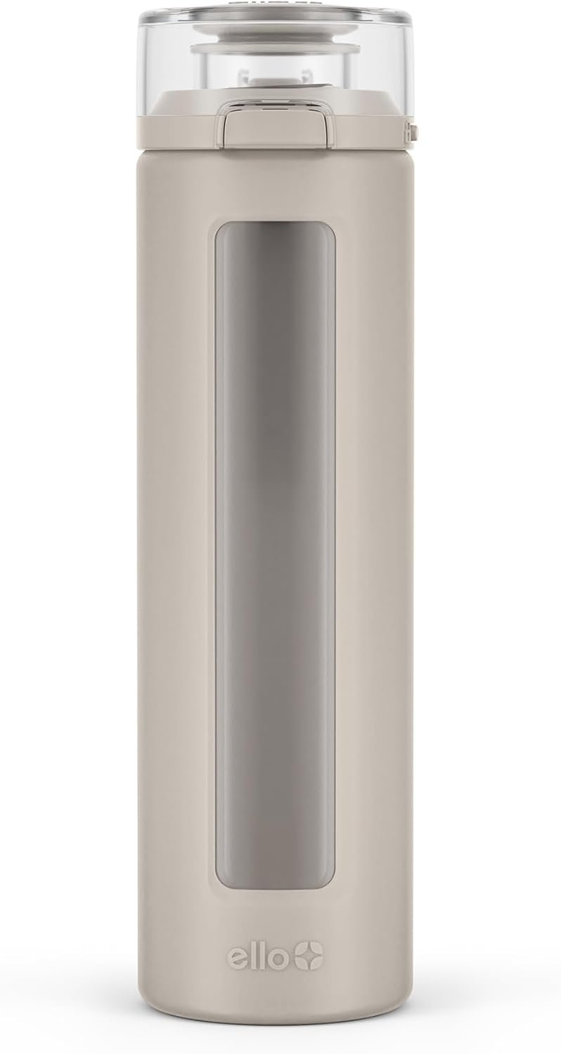 Ello Syndicate 20oz Reusable Glass Water Bottle with One-Touch Leak Proof Flip Lid, Protective Non-Slip Silicone Sleeve, Carry Loop for Coffee, Tea and Water, BPA-free, Dishwasher Safe, Sand