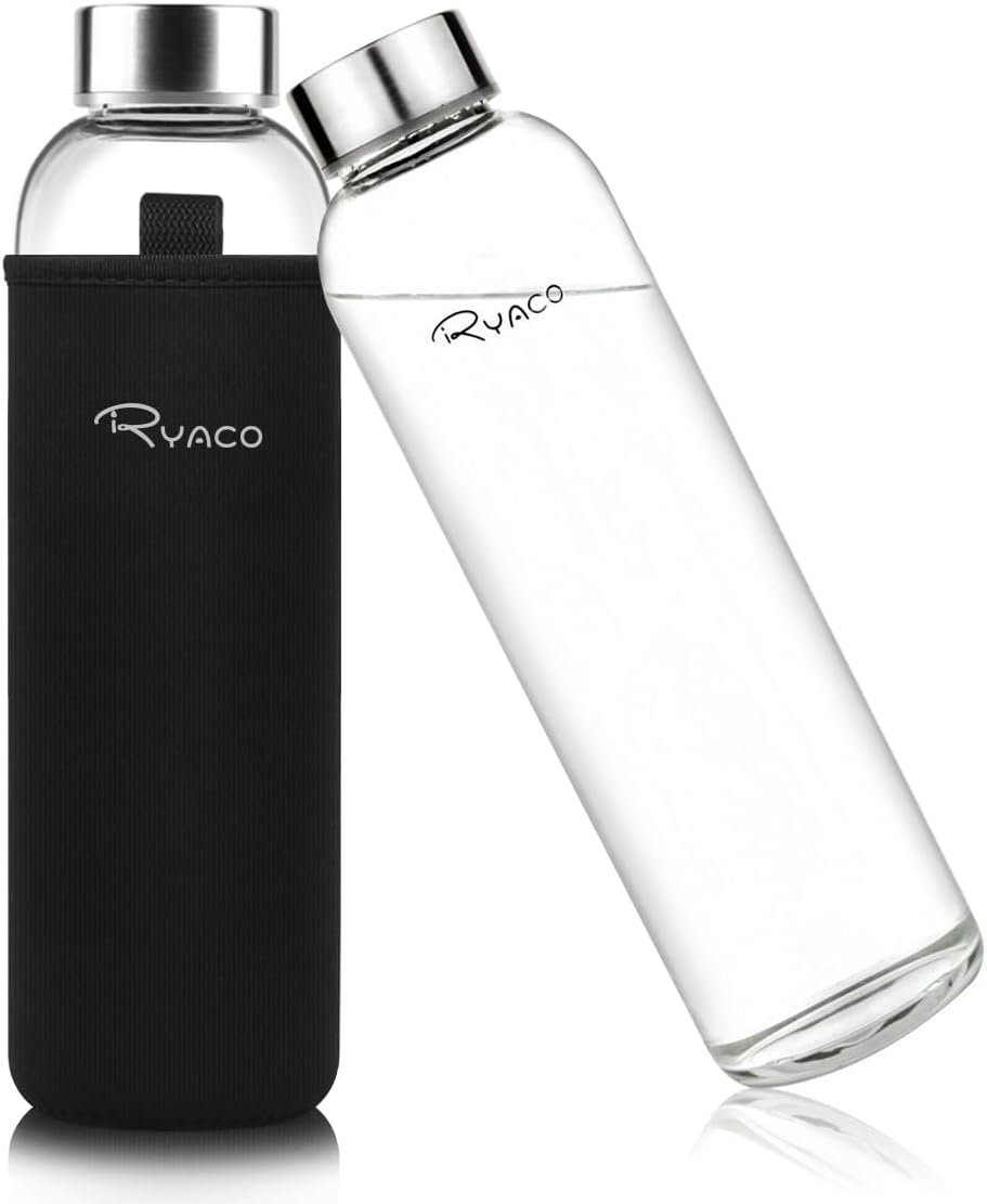 Ryaco Borosilicate Glass Water Bottle 33oz/1L/1000ml BPA-Free Leak Proof Ideal for School Home Office Travel Sport Yoga Gym Hot Cold Drinks with Portable Neoprene Carrying Sleeve and Sponge Brush