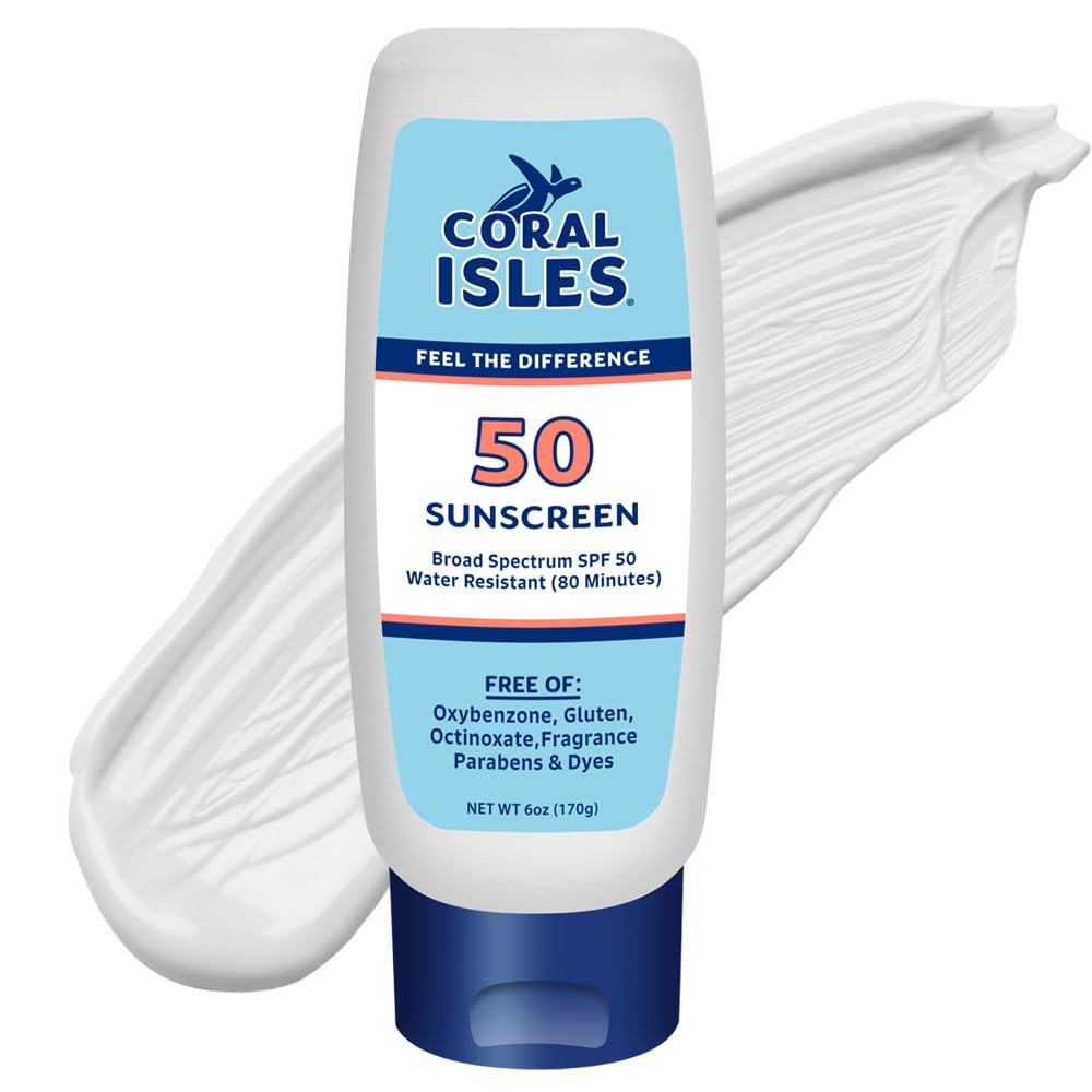 Coral Isles Sunscreen SPF 50 | Hawaii Reef Act Compliant | Octinoxate & Oxybenzone Free | Broad Spectrum UVA/UVB Protection | Water Resistant 80 Min. | Fragrance Free | 6 Fl Oz Lotion