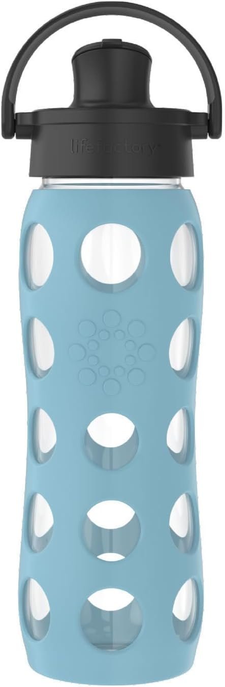 Lifefactory 22-Ounce Glass Water Bottle with Active Flip Cap and Protective Silicone Sleeve, Denim