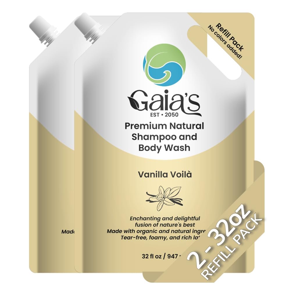 GAIA’S Natural Body Wash and Shampoo Vanilla, Bulk Refill Size, 64 Fl Oz, Sulfate Free, Paraben Free, Dye Free, Tear Free, Organic and Natural Ingredients, PH Balance Feminine