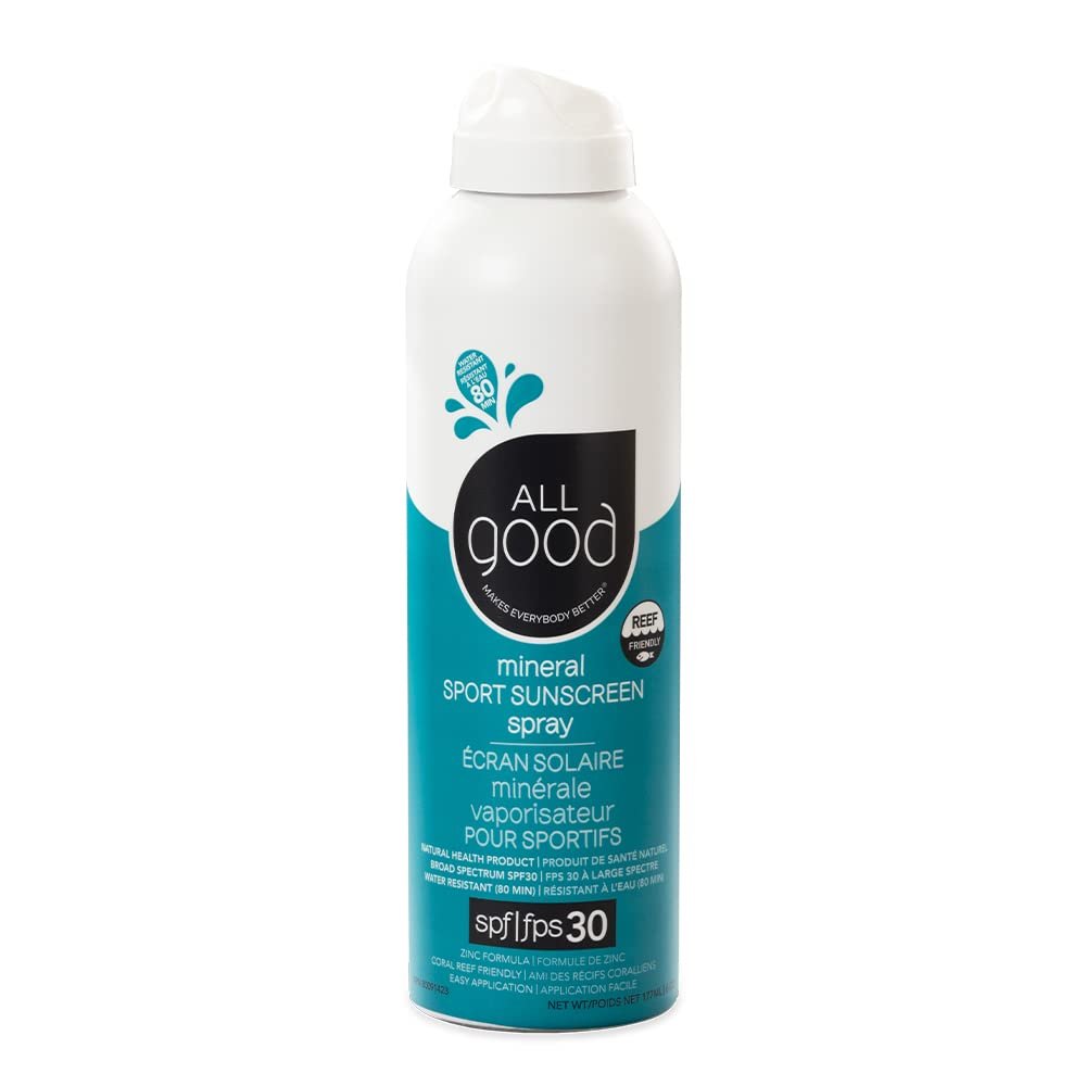 All Good Sport Sunscreen Spray – UVA/UVB Broad Spectrum SPF 30 – Water Resistant, Coral Reef Friendly – Zinc, Calendula, Aloe (6 oz)