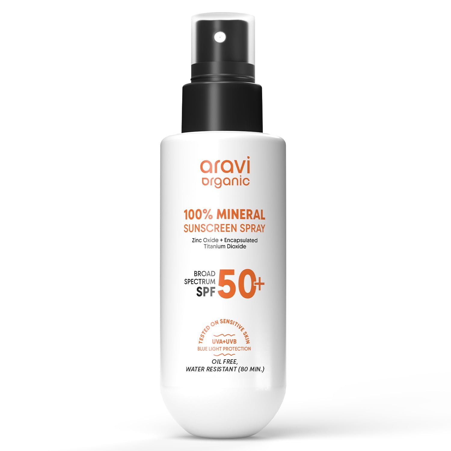 Aravi Organic 100% Mineral Sunscreen Spray SPF 50 | Broad Spectrum | Water Resistant 80 Mi | Lightweight, No White Cast | Reef Safe + Oxybenzone Free | Zinc Oxide & Titanium Dioxide | 3.3 fl oz