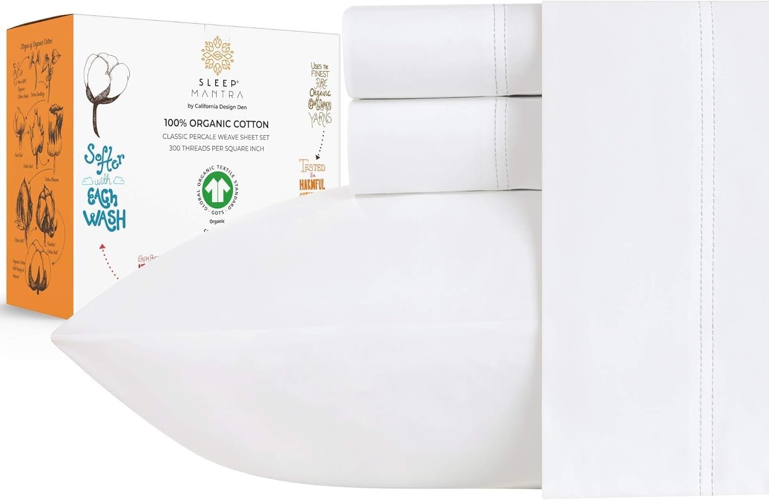 Sleep Mantra Premium 100% Organic Cotton Twin Bed Sheet Set – Soft & Cooling Percale Weave – 4 Piece Bedding Set with Deep Pocket – GOTS Certified – Breathable & Eco-Friendly (Twin, White)