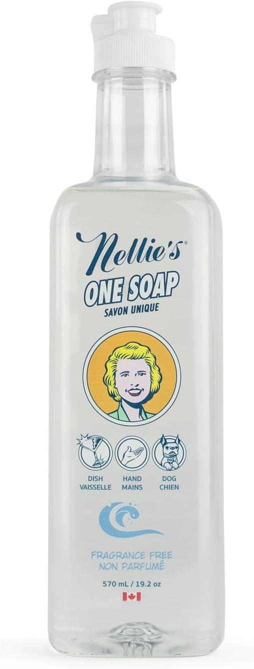 Nellie’s One Soap – Fragrance-Free Multi-Purpose Cleaner for Dishes, Surfaces, and Hands – Gentle, Plant-Based Formula That’s Soft on Skin – 19.2 oz (Made in Canada)