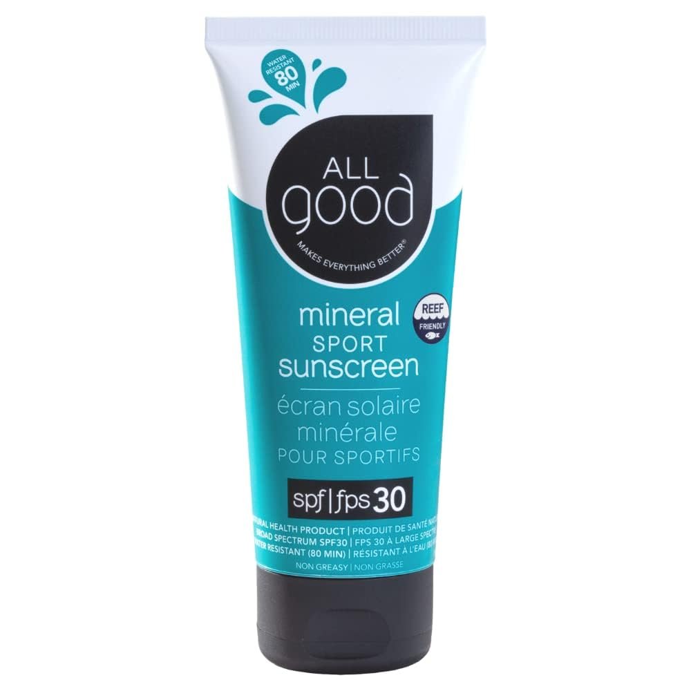 All Good Sunscreen – Sport Mineral Sunscreen Lotion, Reef Friendly, SPF 30+ for Face & Body, Water & Sweat Resistant (3 oz)