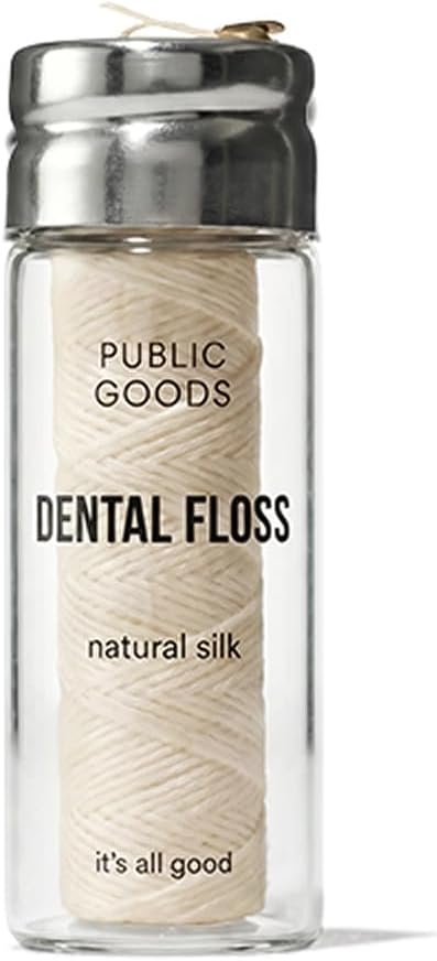 Public Goods Natural Silk Dental Floss | Biodegradable Silk Floss with Candelilla Wax | Refillable Glass Container | Plastic-Free Dental Care | Peppermint | 30M Length