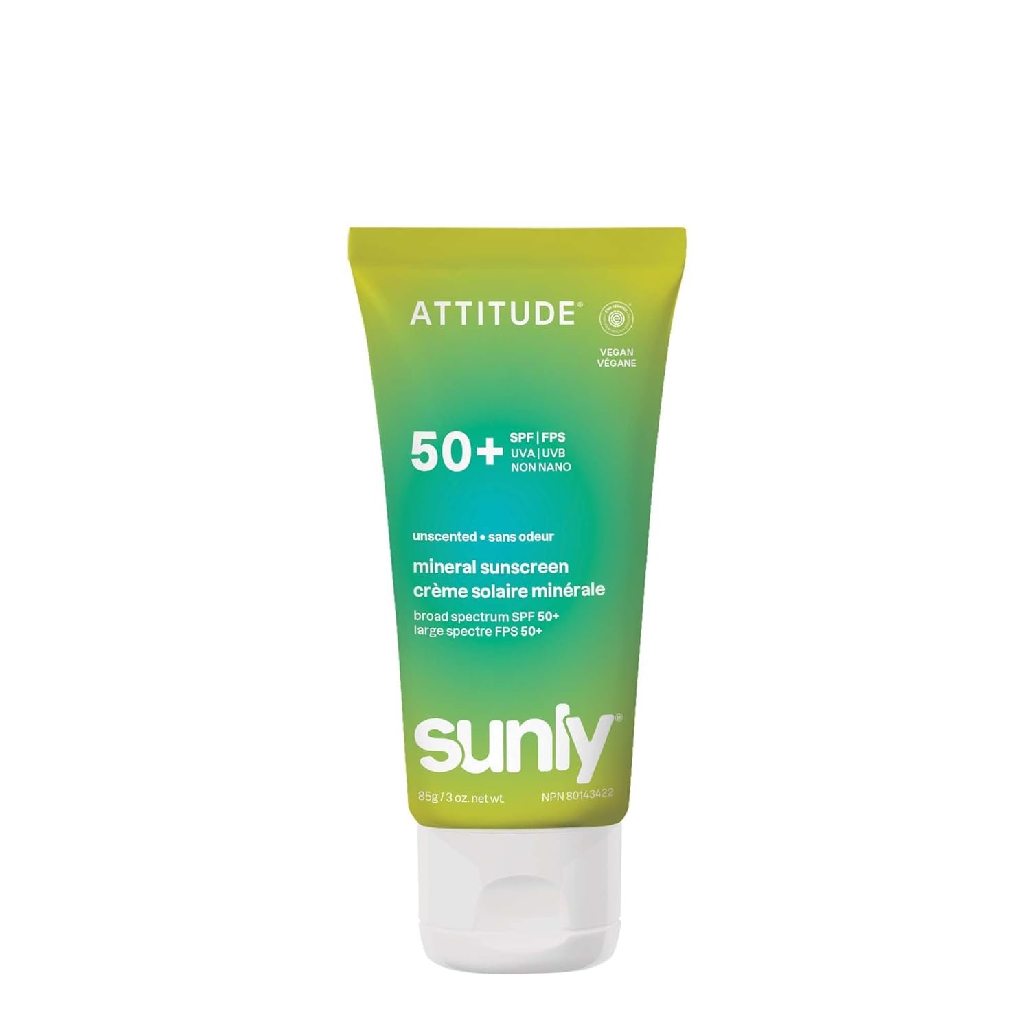 ATTITUDE Mineral Sunscreen SPF 50, Broad Spectrum Zinc Oxide, EWG Verified, Mineral-Based, Non-Nano, Lightweight Cream, Vegan, Unscented, 3 Oz