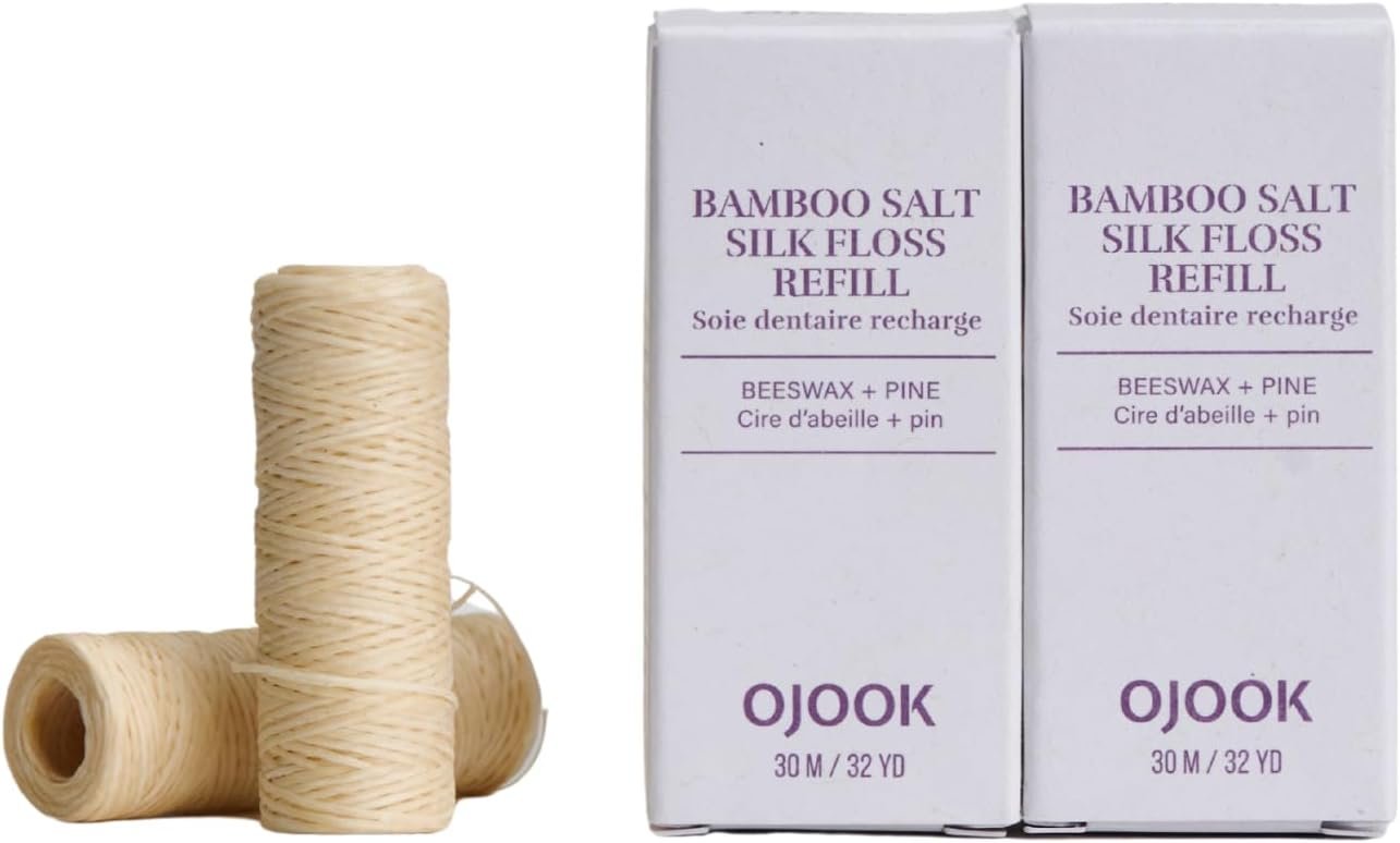 Refill Bamboo Salt Silk Floss with Beeswax – 2 Spools (64yd Total) | Pine Flavor, All Natural, Biodegradable, Plastic Free, Hydroxyapatite Infused, Bouncy Italian Silk, PFAS Free