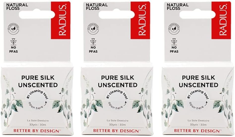 RADIUS Natural Unscented Silk Dental Floss 33 Yards Compostable Non-Toxic Oral Care & Designed to Help Fight Plaque Clear – Pack of 3