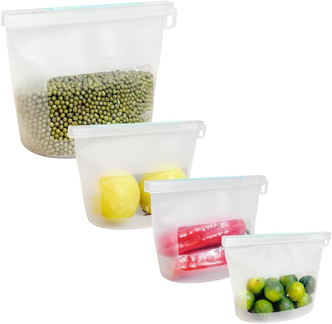 Reusable Silicone Food Storage Bags (Set of 4), Dishwasher Oven Microwave Freezer Safe, Eco-Friendly Leakproof Sous Vide Bags, Premium Lunch Containers, 1 Snack 2 Sandwich 1 Half Gallon, Clear