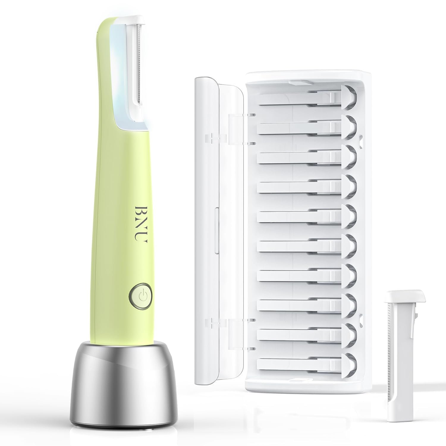BNU Dermaplaning Tool for Face, Sonic Dermaplane Razor for Women Face LED Light Facial Exfoliation & Peach Fuzz Hair Removal, 3 Speeds Rechargeable Sonic Edge Technology 10 Refill Blades Green
