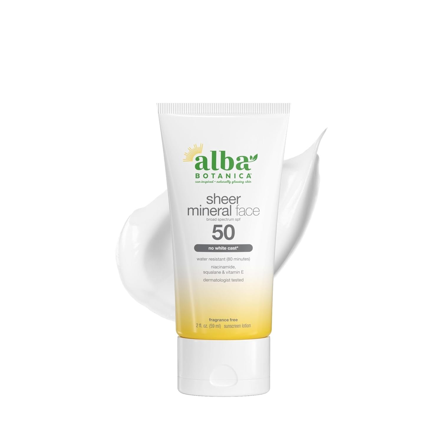 Alba Botanica Sunscreen for Face, Fragrance-Free Sheer Mineral Face Sunscreen Lotion, Broad Spectrum SPF 50, Water Resistant and Biodegradable, 2 fl. oz. Bottle (Packaging May Vary)