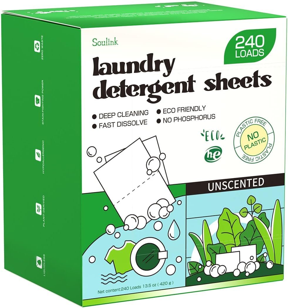 Soulink Laundry Detergent Sheets Unscented 240 Loads，Eco Friendly Detergent Sheets for Travel & Home – No Plastic Jug Liquidless Soap Strips, Plant-based, Hypoallergenic. Safe for Sensitive Skin