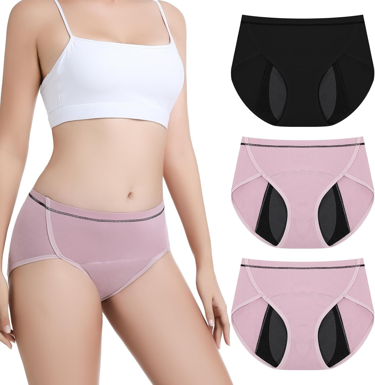 Carer 3 Pack Incontinence Underwear for Women, Washable 120ml High Absorbency Womens Incontinence Panties, Reusable Leakproof Protection Briefs for Bladder Leakage L(Black,Pink,Pink)