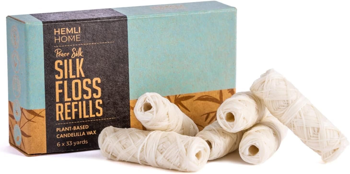 Biodegradable Silk Dental Floss Refill – Six Pack – Organic Natural Dental Floss, Refillable, Compostable Peace Silk Dental Floss Refills – 6 x 33 Yards – Eco-Friendly Mint Candelilla Wax