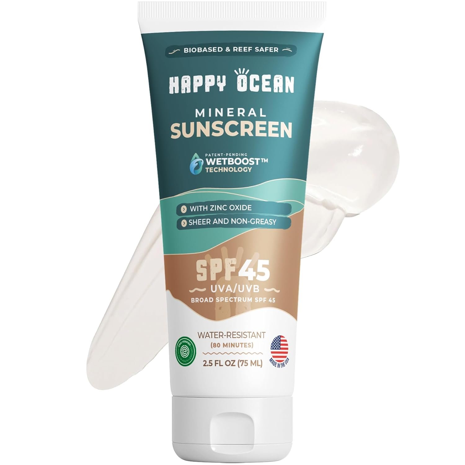 Happy Ocean Reef Safe Mineral Sunscreen SPF 45 – Non-Nano Zinc Oxide Lotion, Water Resistant 80 Min, Travel Size 2.5 oz, Face & Body