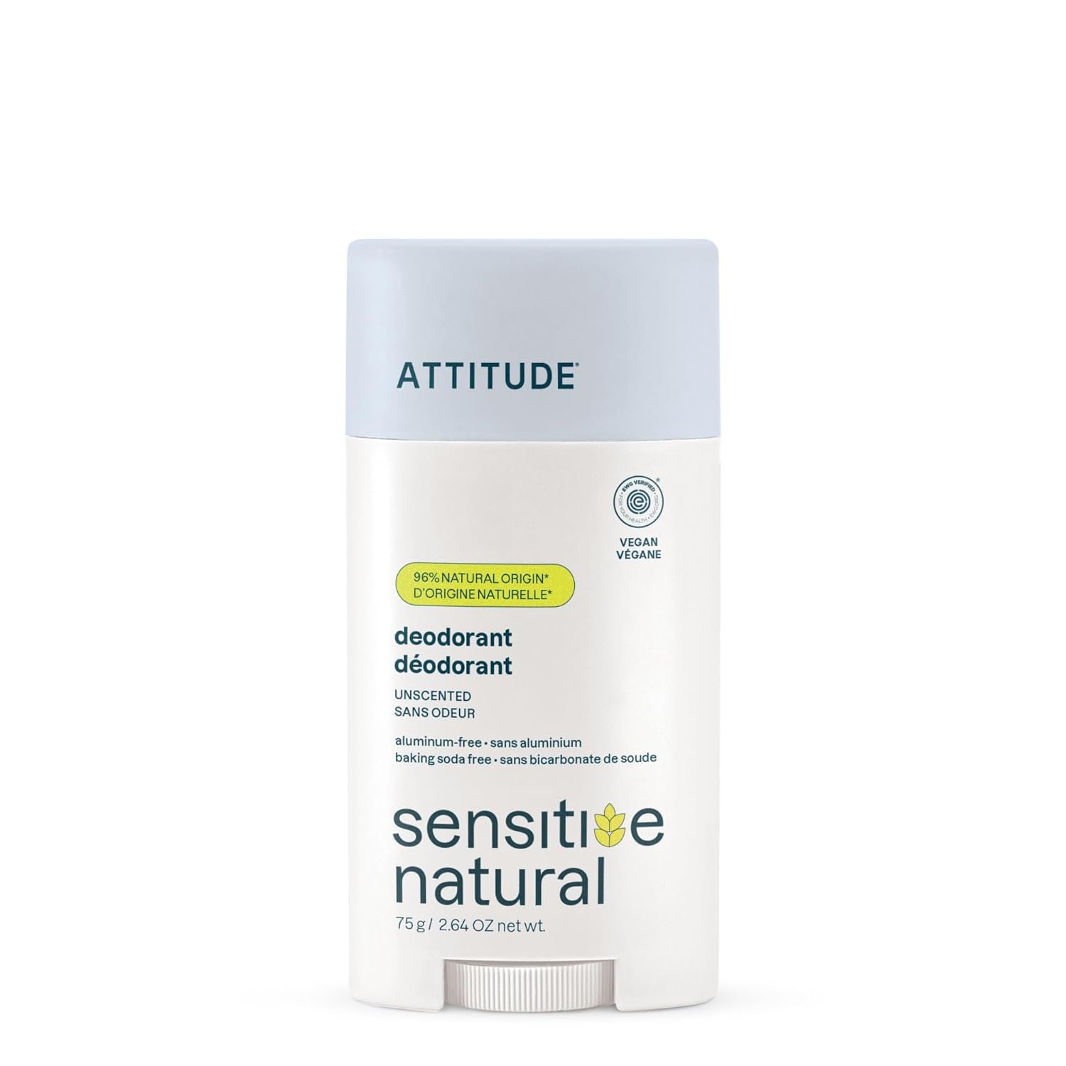 ATTITUDE Deodorant for Sensitive Skin, Aluminum Free & Baking Soda Free, Gentle & Vegan, Long-Lasting Odor Protection, Unscented, 2.64 Oz